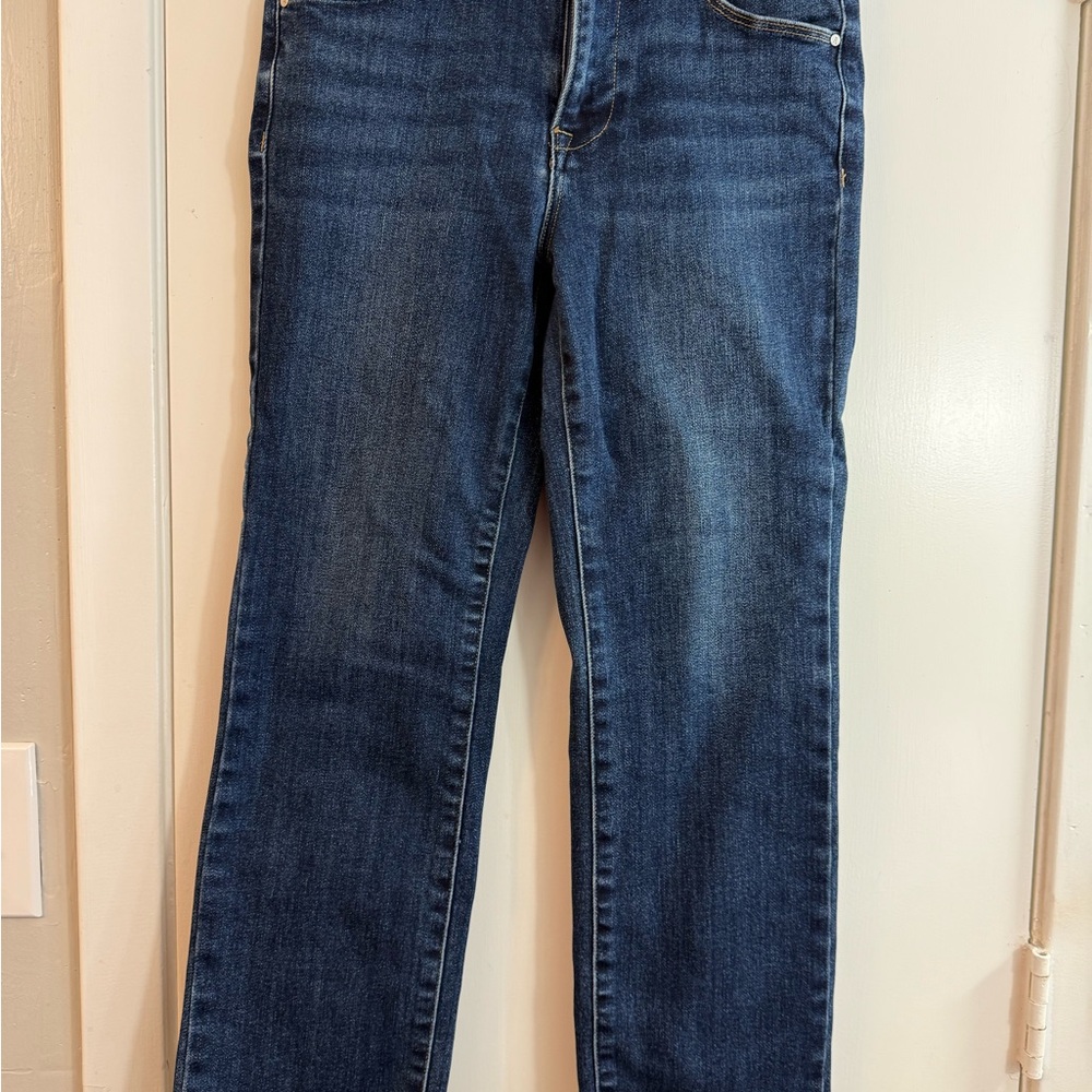 Risen jeans, dark wash, zip fly, non distressed, raw hem